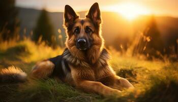 german shepherd dog laying in the grass at sunset AI Generated photo