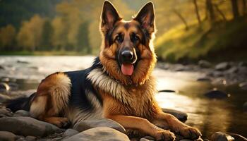 german shepherd dog laying in the grass at sunset AI Generated photo