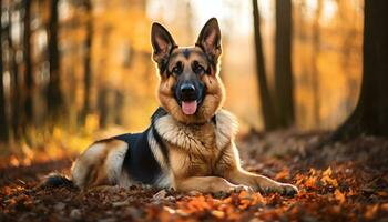 alemán pastor perro tendido en el césped a puesta de sol ai generado foto