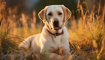 a yellow lab dog laying in the grass AI Generated photo