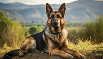 german shepherd dog laying in the grass at sunset AI Generated photo