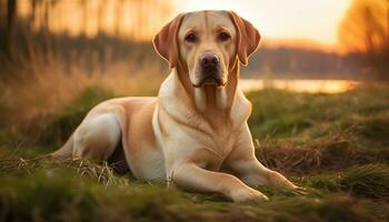 alemán pastor perro tendido en el césped a puesta de sol ai generado foto