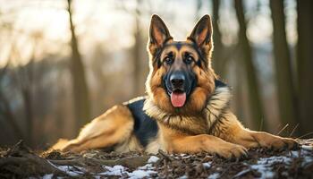 german shepherd dog laying in the grass at sunset AI Generated photo