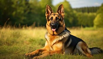 german shepherd dog laying in the grass at sunset AI Generated photo