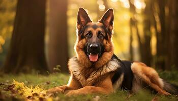 german shepherd dog laying in the grass at sunset AI Generated photo