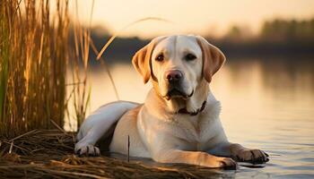 a yellow lab dog laying in the grass AI Generated photo