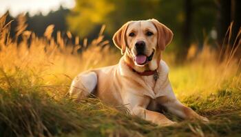 alemán pastor perro tendido en el césped a puesta de sol ai generado foto