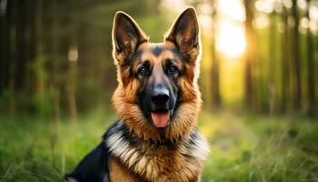 alemán pastor perro tendido en el césped a puesta de sol ai generado foto