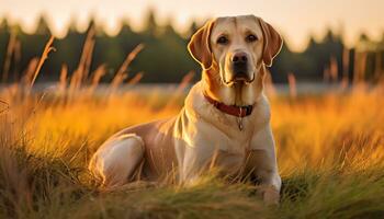 a yellow lab dog laying in the grass AI Generated photo