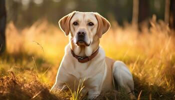 a yellow lab dog laying in the grass AI Generated photo