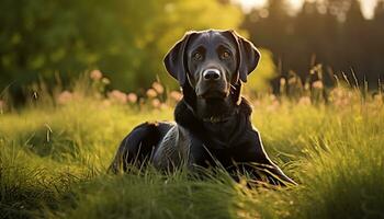 a yellow lab dog laying in the grass AI Generated photo