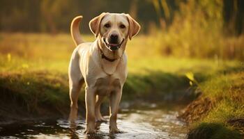 a yellow lab dog laying in the grass AI Generated photo