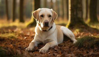 a yellow lab dog laying in the grass AI Generated photo