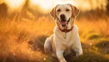 un amarillo laboratorio perro tendido en el césped ai generado foto