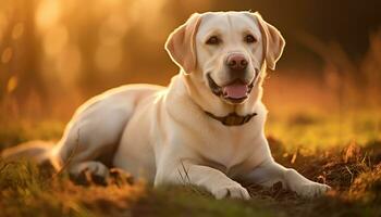 a dog is sitting in the grass at sunset AI Generated photo