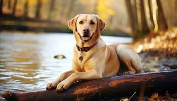 a yellow lab dog laying in the grass AI Generated photo