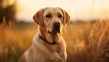 a dog is sitting in the grass at sunset AI Generated photo