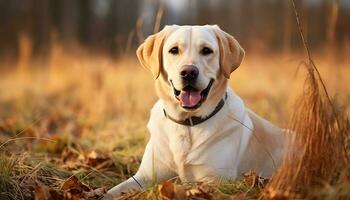 a yellow lab dog laying in the grass AI Generated photo