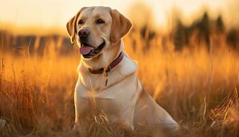 un amarillo laboratorio perro tendido en el césped ai generado foto