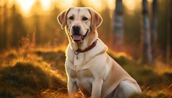 un amarillo laboratorio perro tendido en el césped ai generado foto