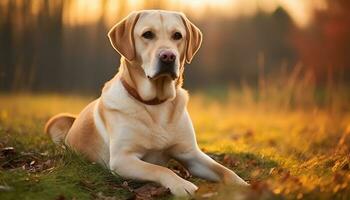 a yellow lab dog laying in the grass AI Generated photo