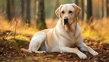 a dog is sitting in the grass at sunset AI Generated photo