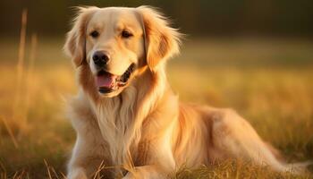 un perro es sentado en el césped a puesta de sol ai generado foto