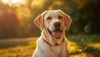 a dog is sitting in the grass at sunset AI Generated photo