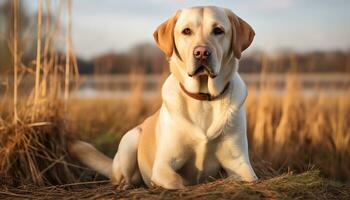 a yellow lab dog laying in the grass AI Generated photo