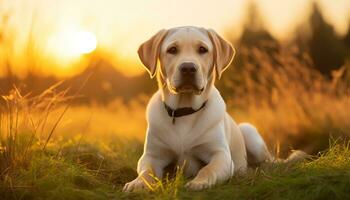 a yellow lab dog laying in the grass AI Generated photo