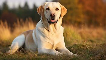 a yellow lab dog laying in the grass AI Generated photo