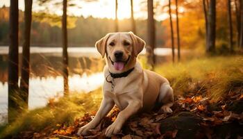 un amarillo laboratorio perro tendido en el césped ai generado foto