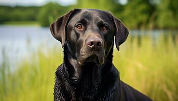 a yellow lab dog laying in the grass AI Generated photo