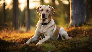 a yellow lab dog laying in the grass AI Generated photo