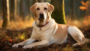 a yellow lab dog laying in the grass AI Generated photo