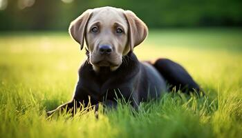 a yellow lab dog laying in the grass AI Generated photo