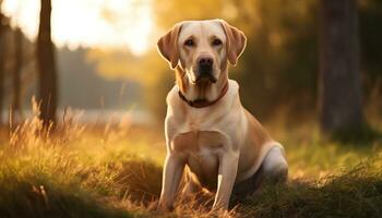 a yellow lab dog laying in the grass AI Generated photo