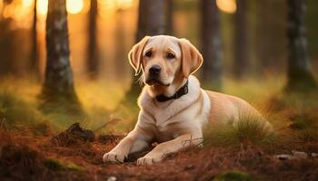 a yellow lab dog laying in the grass AI Generated photo