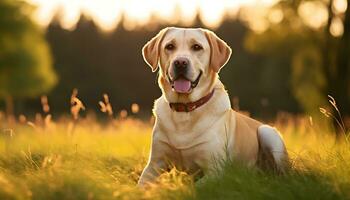 a yellow lab dog laying in the grass AI Generated photo