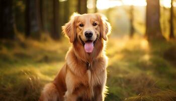 un perro es sentado en el césped a puesta de sol ai generado foto