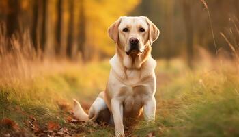 un amarillo laboratorio perro tendido en el césped ai generado foto