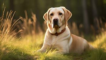 a yellow lab dog laying in the grass AI Generated photo