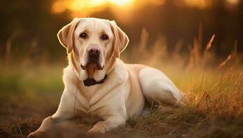 a yellow lab dog laying in the grass AI Generated photo