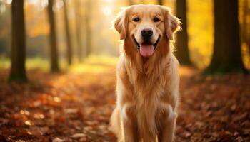 un perro es sentado en el césped a puesta de sol ai generado foto