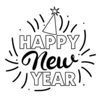 Happy New Year text banner. Happy New Year words black square banner. Handwriting calligraphy lettering Happy New Year. Hand drawn vector art.