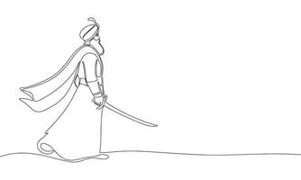 Indian man with saber one line continuous art. Line art man with sword. Hand drawn vector art.