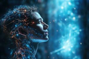 The man is riddled with neural connections. Artificial intelligence and human concept. Future technologies. Generated by artificial intelligence photo
