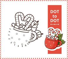 Connect the dots and draw cartoon cocoa with marshmallow and candy cane. vector