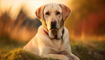 un perro es sentado en el césped a puesta de sol ai generado foto