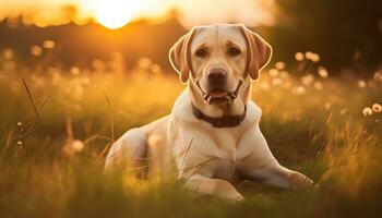 un perro es sentado en el césped a puesta de sol ai generado foto